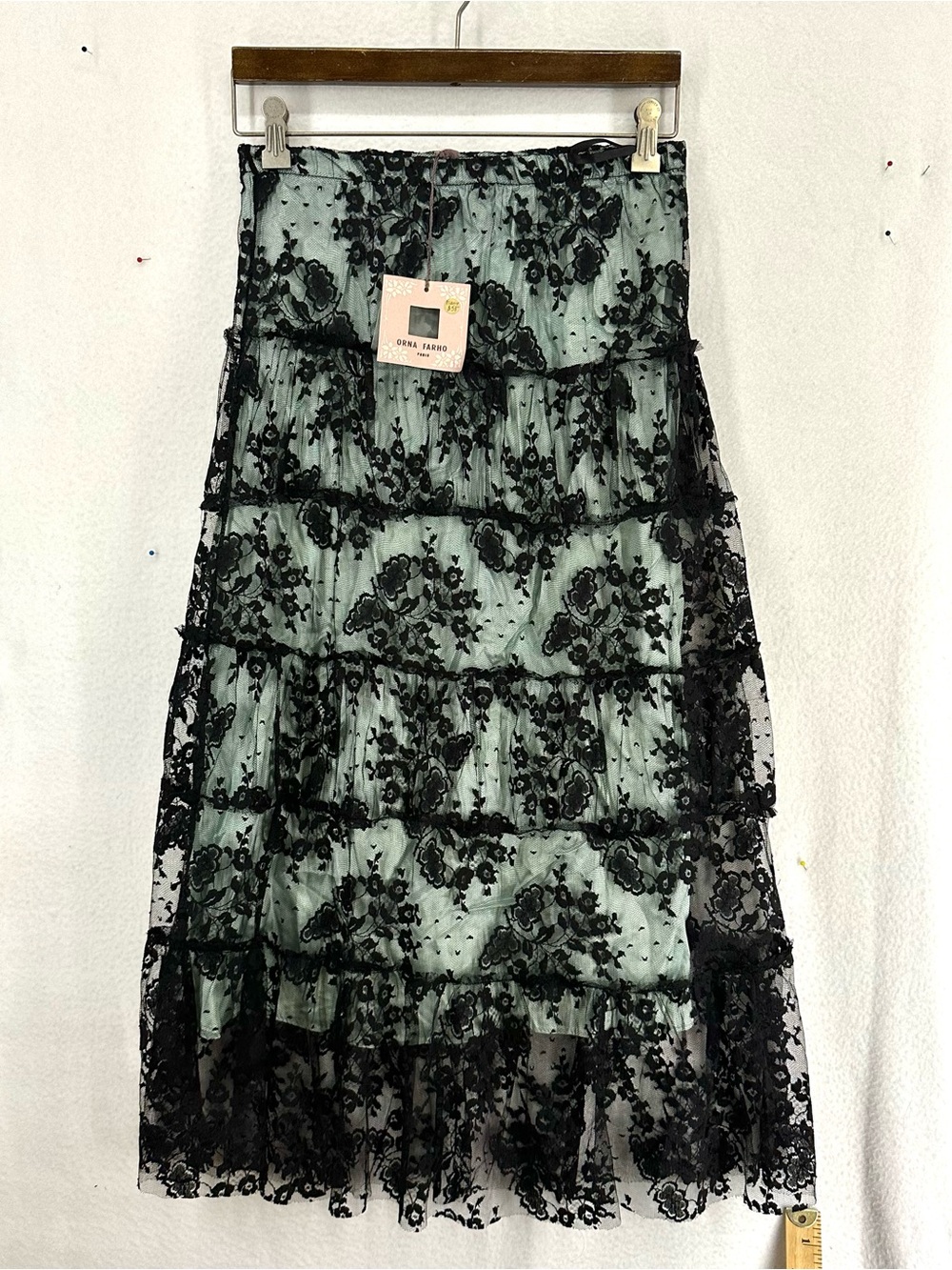 Orna Farho Y2K Black Lace Tiered Maxi Skirt Mint Green Size 38